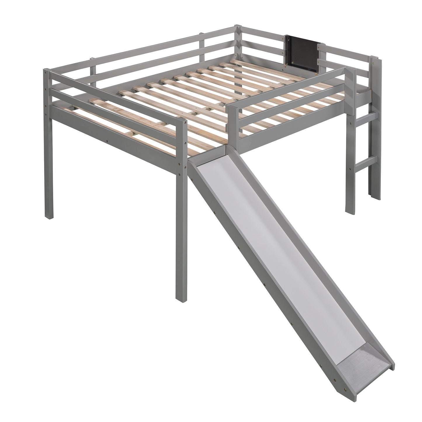 Full size Loft Bed Wood Bed with Slide, Stair and Chalkboard,Gray（Old SKU:WF282116AAE）