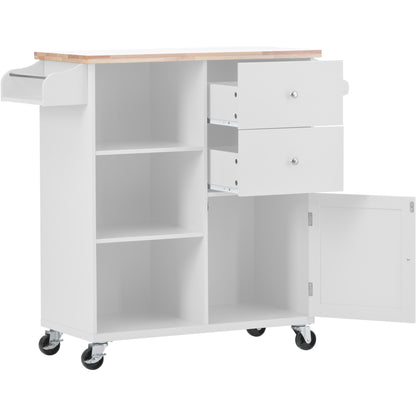 K&K Store Kitchen Cart on 4 Wheels with 2 Drawers and 3 Open Shelves, Kitchen Island with Rubber Wood top for Dinning Room, White