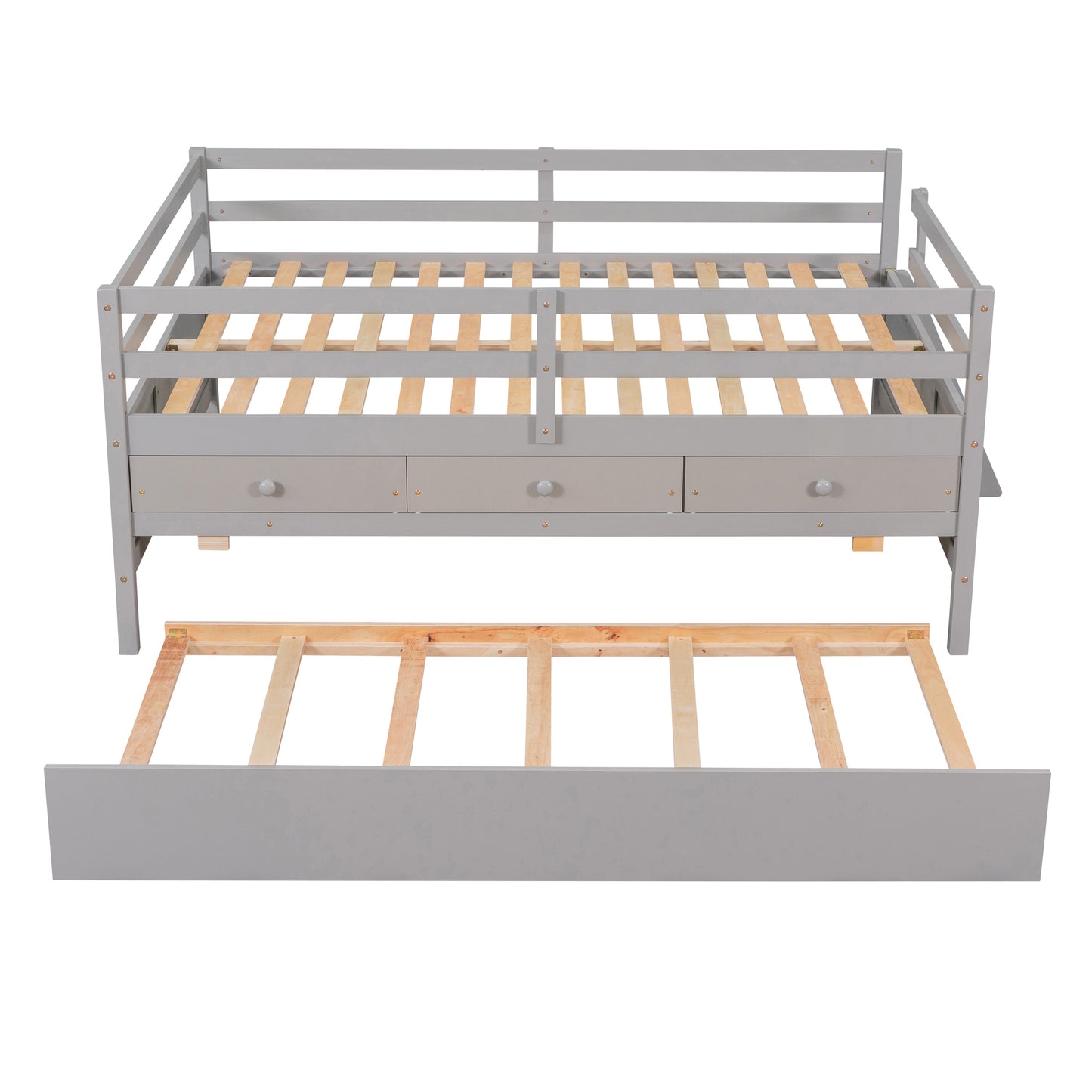 Low Loft Bed Full Size with Full Safety Fence, Climbing ladder, Storage Drawers and Trundle Gray Solid Wood Bed