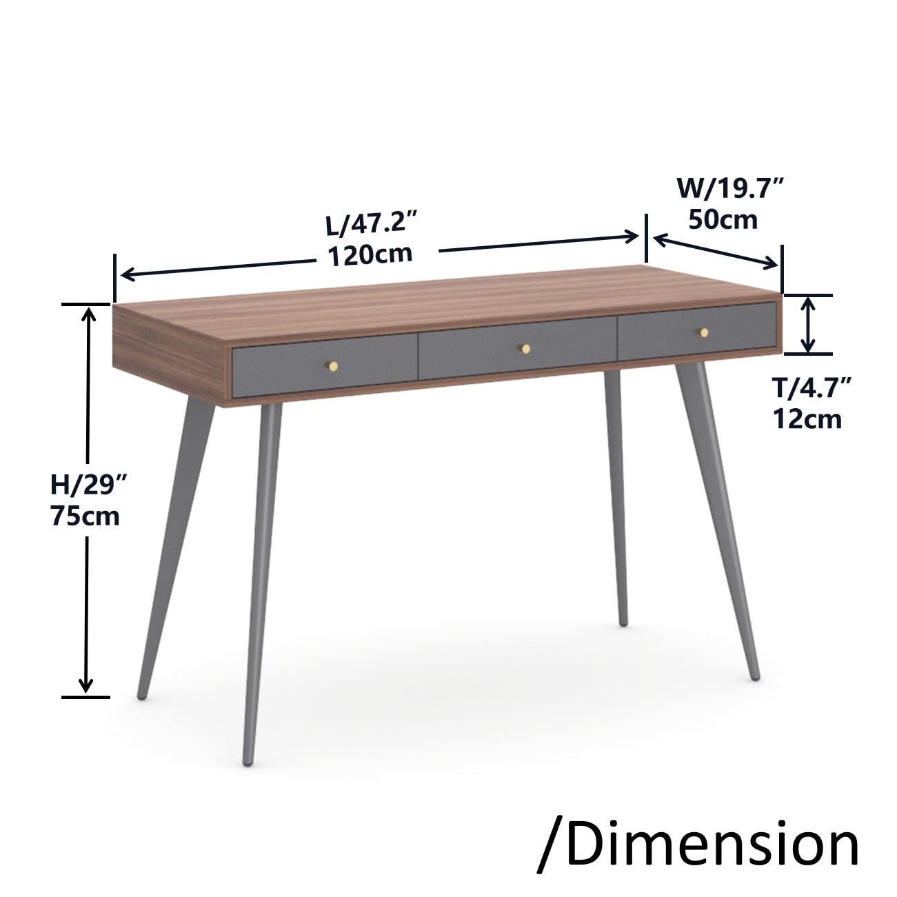 Update Writing Desk 47" with 3 Drawers|Modern Mid Century Desk for Home Office (Walnut + Dark Grey)