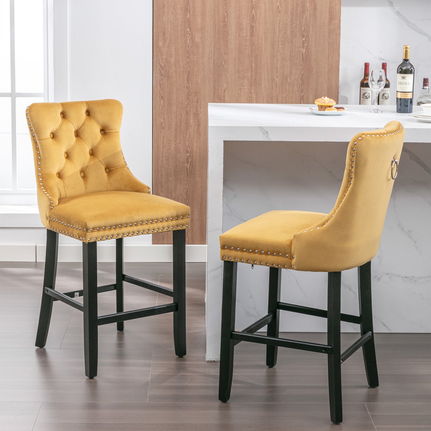 A&A Furniture,Contemporary Velvet Upholstered Barstools with Button Tufted Decoration and Wooden Legs, and Chrome Nailhead Trim, Leisure Style Bar Chairs,Bar stools, Set of 2 (Gold) 1902GL