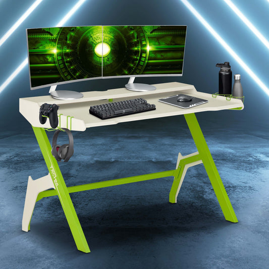 Techni Sport Ergonomic Computer Gaming  Desk Workstation with Cupholder & Headphone Hook, Green