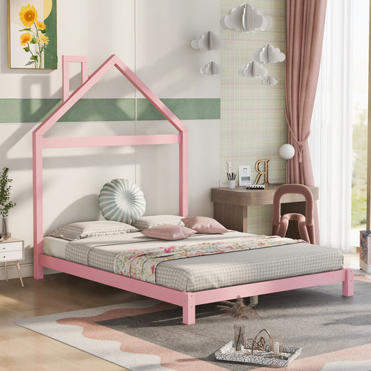 Full Size Wood Platform Bed with House-shaped Headboard  (Pink)