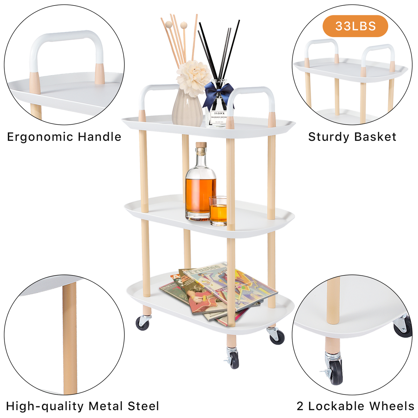 3-Tier Rolling Storage Utility Cart, Heavy Duty Craft Cart with Wheels and Handle, White