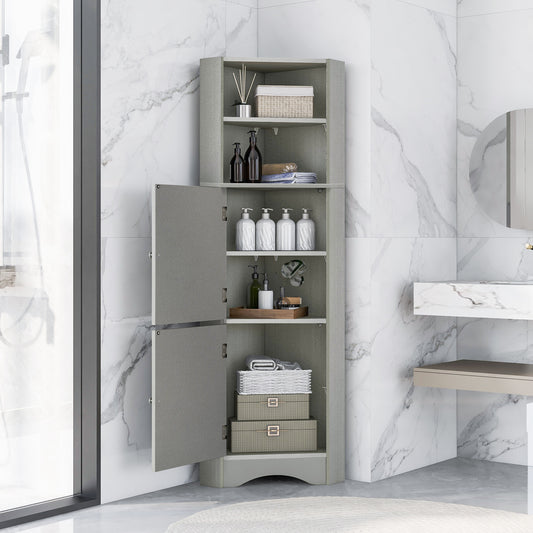 Tall Bathroom Corner Cabinet, Freestanding Storage Cabinet with Doors and Adjustable Shelves, MDF Board, Gray
