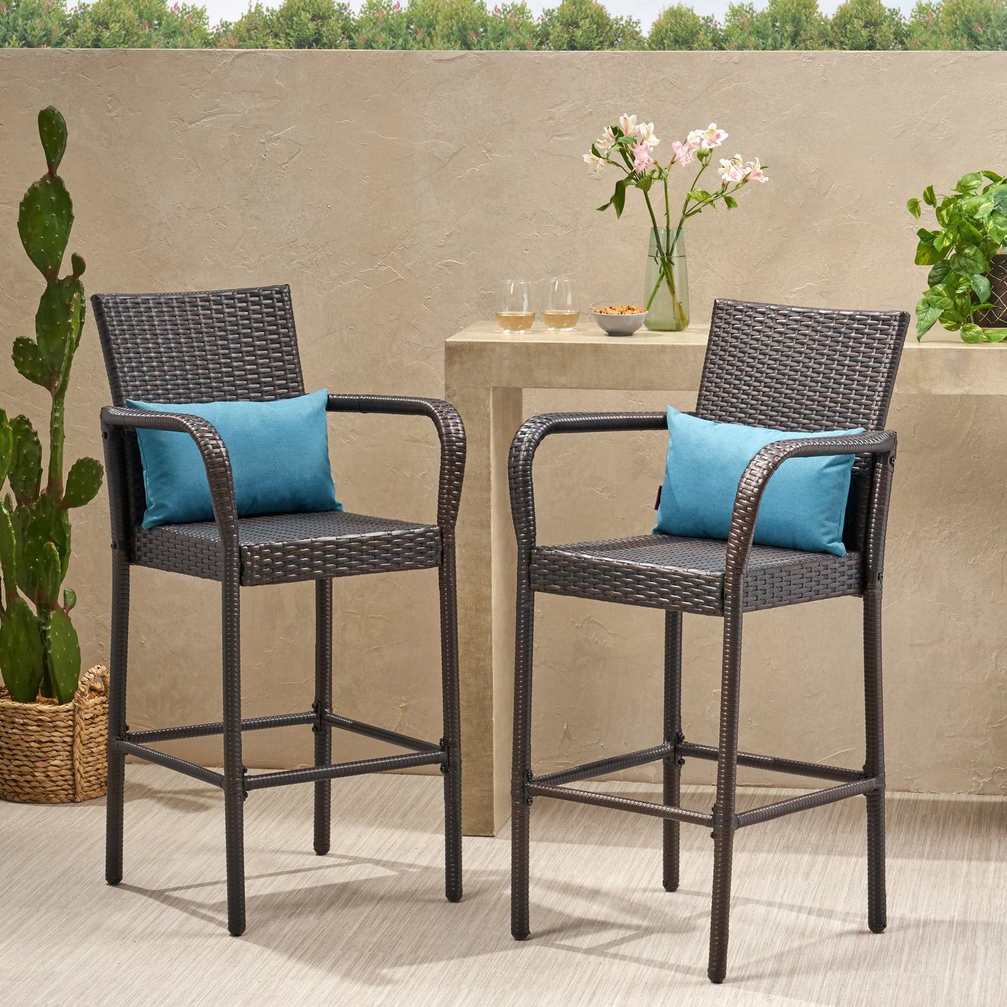 Stewart 30-Inch Outdoor Brown Wicker Barstool (Set of 2)