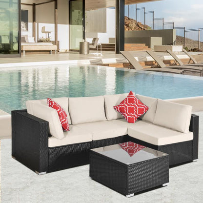 Outdoor Garden Patio Furniture 5-Piece PE Rattan Wicker Cushioned Sofa Sets with 2 Pillows and Coffee Table, outdoor couch；outdoor sectional；porch furniture；patio couch；outdoor sofa；patio furniture se