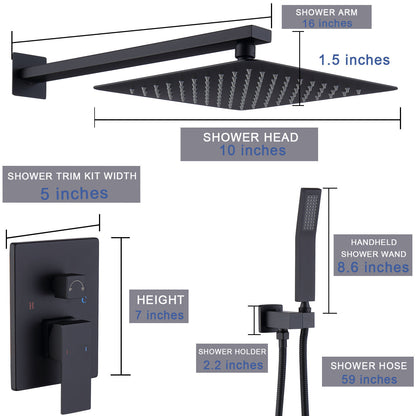 Shower System Shower Faucet Combo Set Wall Mounted with 10" Rainfall Shower Head and handheld shower faucet, Matt Black Finish with Brass Valve Rough-In