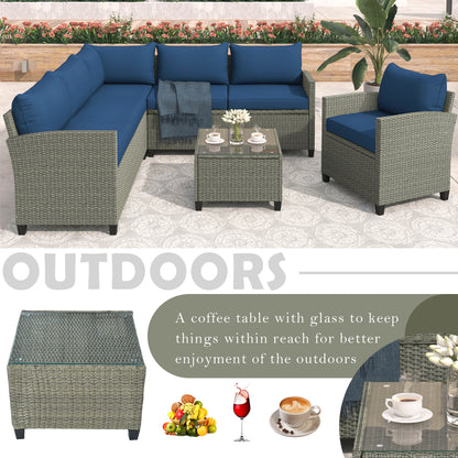 U_STYLE Patio Furniture Set, 5 Piece Outdoor Conversation Set，with Coffee Table, Cushions and Single Chair