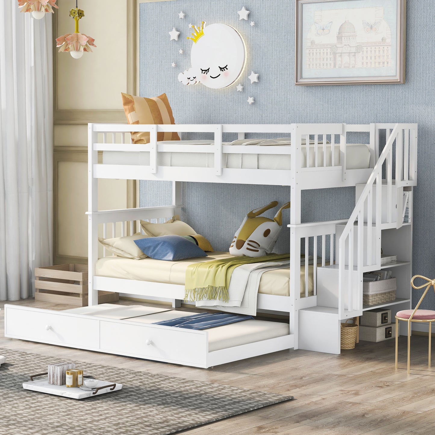 Stairway Twin-Over-Twin Bunk Bed with Twin size Trundle for Bedroom, Dorm, Adults, White( old sku: LP000209AAK )