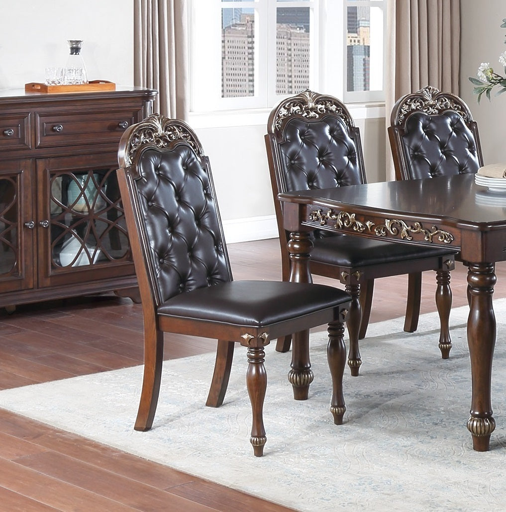 Majestic Formal Set of 2 Side Chairs Brown Finish Rubberwood Dining Room Furniture Intricate Design Cushion Upholstered Seat Tufted Back