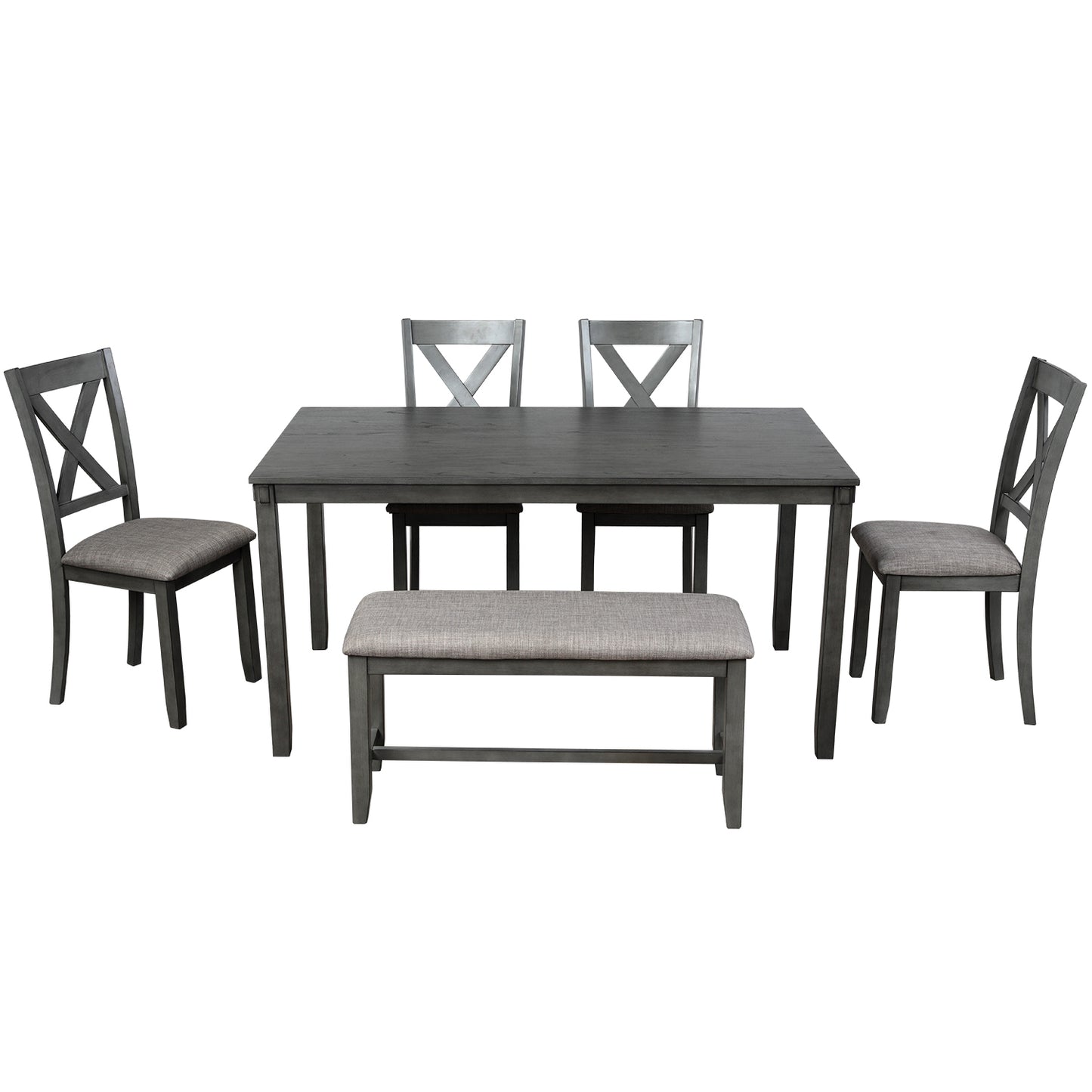 TREXM 6-Piece Kitchen Dining Table Set Wooden Rectangular Dining Table, 4 Dining Chairs and Bench Family Furniture for 6 People (Grey)