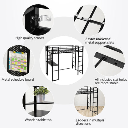 Full Size Loft Bed with Desk and Shelves, Metal Loft Bed with 2 Built-in Ladders, Full-length Guardrail, Hold up to 240lbs,Noise Free,79.53"L x 57.09"W x 72.01"H