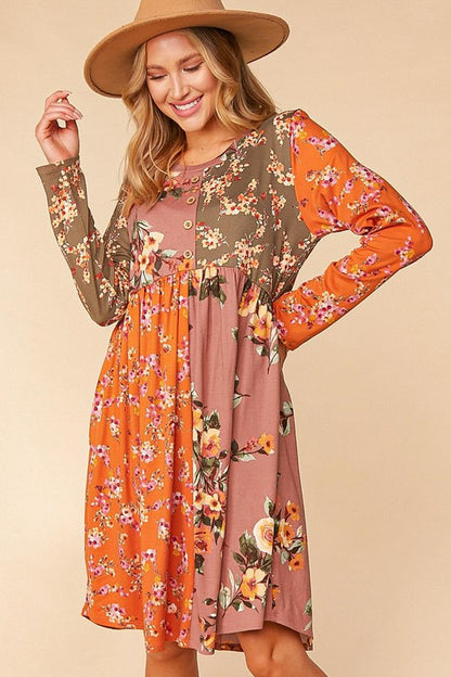 BUTTON DOWN FLORAL COLOR BLOCK MIDI DRESS