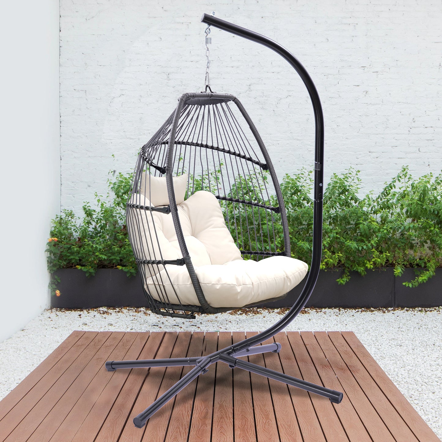 Outdoor Patio Wicker Folding Hanging Chair,Rattan Swing Hammock Egg Chair With Cushion And Pillow