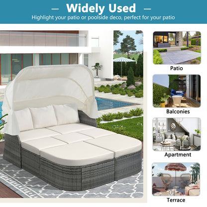 U_STYLE Outdoor Patio Furniture Set Daybed Sunbed with Retractable Canopy Conversation Set Wicker Furniture Sofa Set