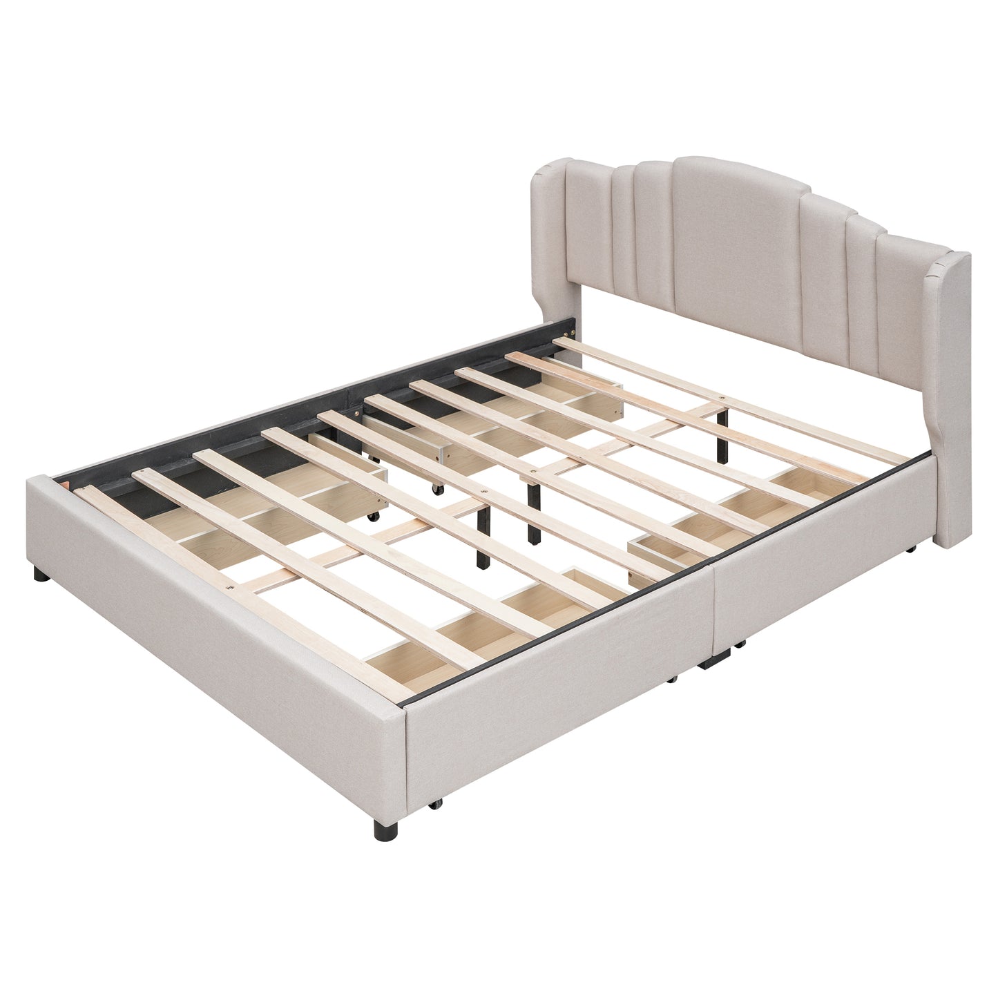 Upholstered Platform Bed with Wingback Headboard and 4 Drawers, No Box Spring Needed, Linen Fabric, Queen Size Beige