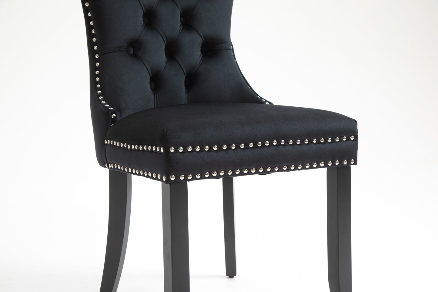 Upholstered Button Tufted Back Black Velvet Dining Chair with Nailhead Trim and Solid Wood Legs 2 Sets