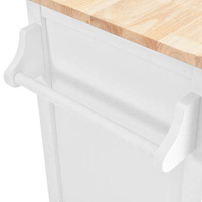 K&K Kitchen Cart with Rubber wood Drop-Leaf Countertop, Concealed sliding barn door adjustable height,Kitchen Island on 4 Wheels with Storage Cabinet and 2 Drawers,L52.2xW30.5xH36.6 inch, White