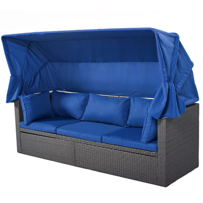 U_Style Outdoor Patio Rectangle Daybed with Retractable Canopy,  Wicker Furniture Sectional Seating with Washable Cushions, Backyard, Porch