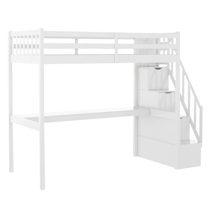 Twin Size Loft Bed with Staircase and Built-in Desk ,White