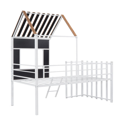 Metal Twin size Loft Bed with Roof, Window, Guardrail, Ladder White