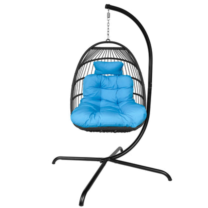 Swing Egg Chair with Stand Indoor Outdoor Wicker Rattan Patio Basket Hanging Chair with C Type bracket , with cushion and pillow,Patio Wicker folding Hanging Chair