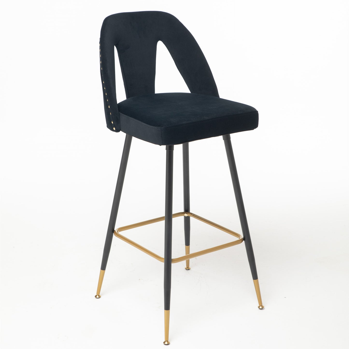 A&A Furniture,Akoya Collection Modern | Contemporary Velvet Upholstered Connor 28" Bar Stool & Counter Stools with Nailheads and Gold Tipped Black Metal Legs,Set of 2 (Black)