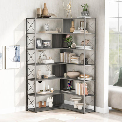 Silver+Grey 7-Tier Bookcase Home Office Bookshelf,  L-Shaped Corner Bookcase with Metal Frame, Industrial Style Shelf with Open Storage, MDF Board