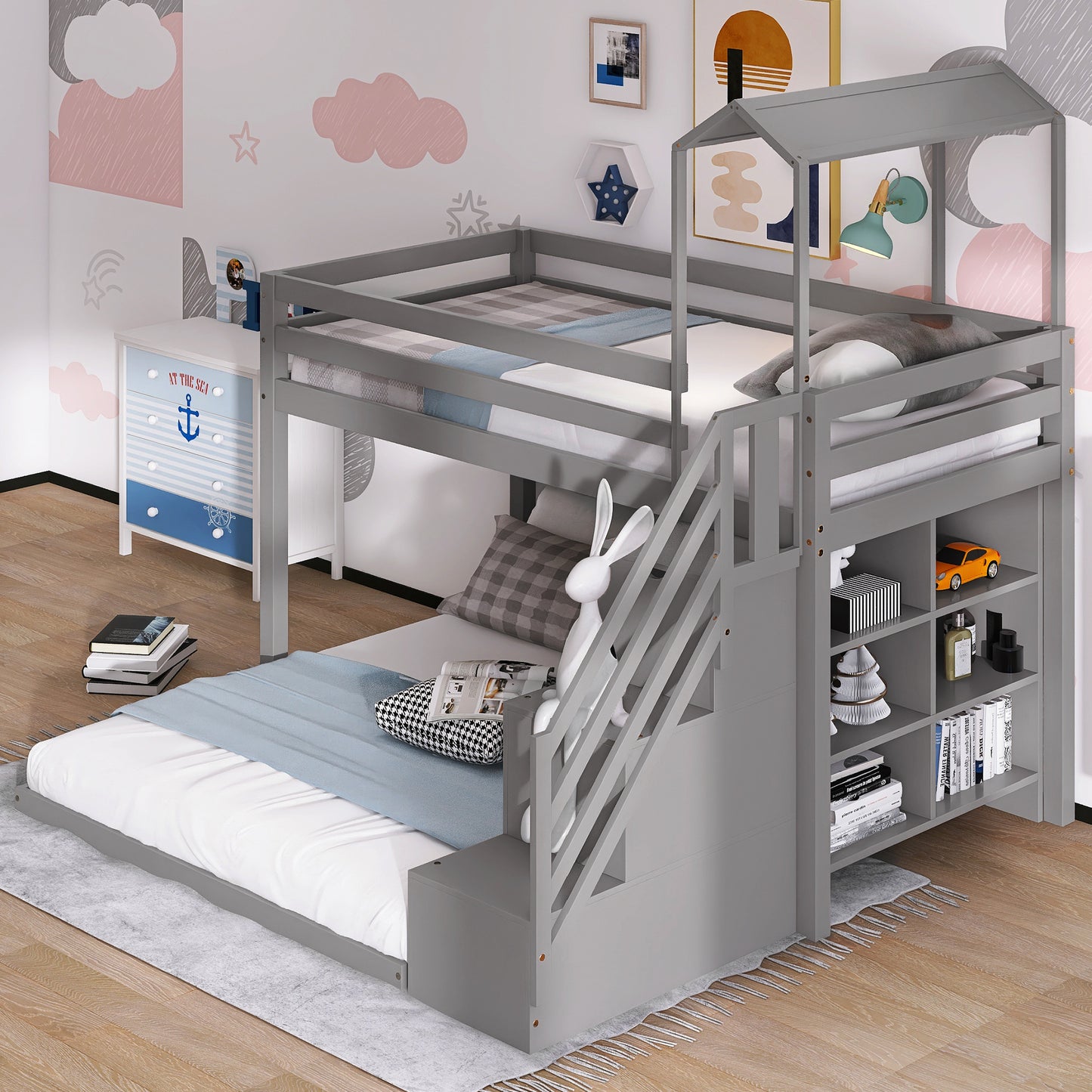 Twin over Full House Roof Bunk Bed with Staircase and Shelves, Gray