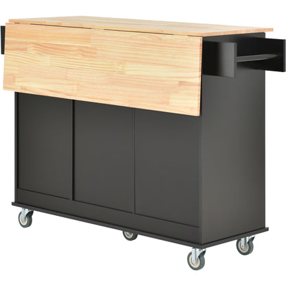 Rolling Mobile Kitchen Island with Solid Wood Top and Locking Wheels，52.7 Inch Width，Storage Cabinet and Drop Leaf Breakfast Bar，Spice Rack, Towel Rack & Drawer （Black）