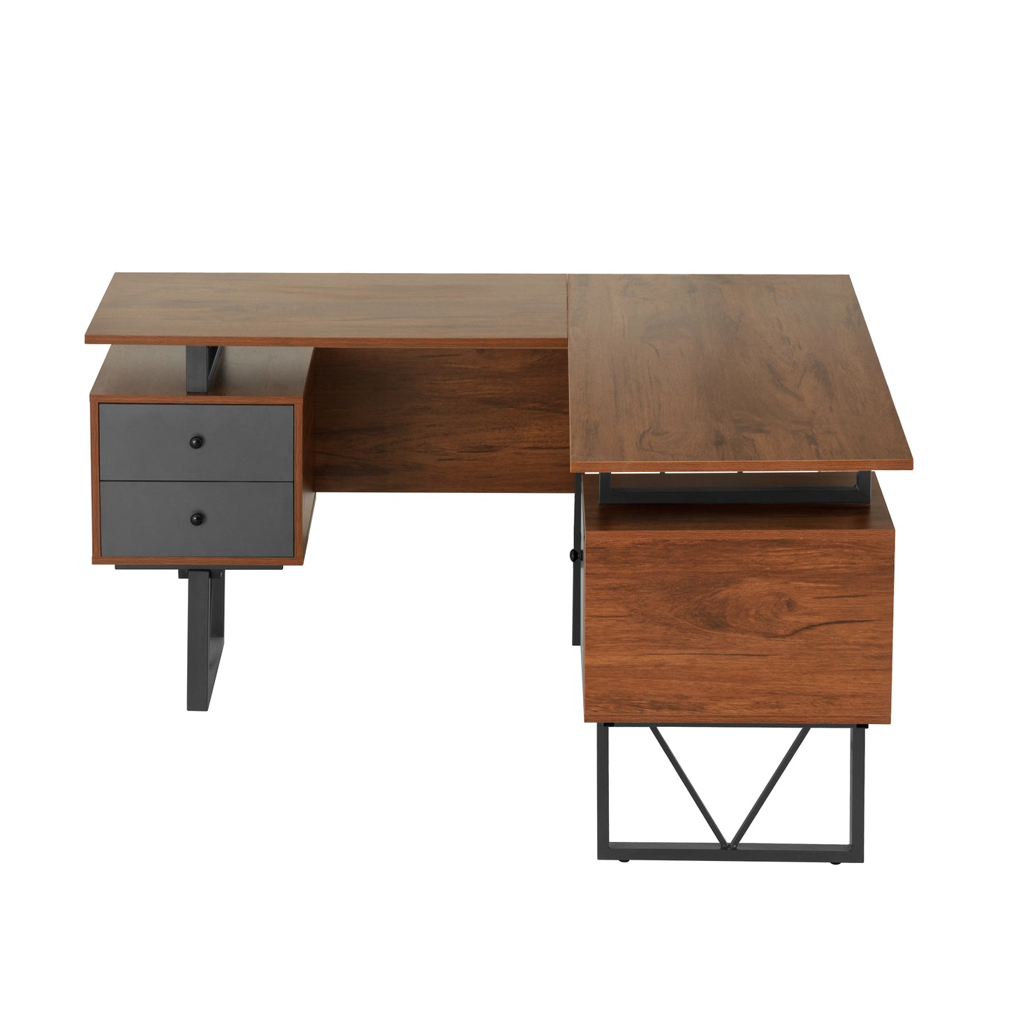 Techni Mobili Reversible L-Shape Computer Desk with Drawers and File Cabinet, Walnut