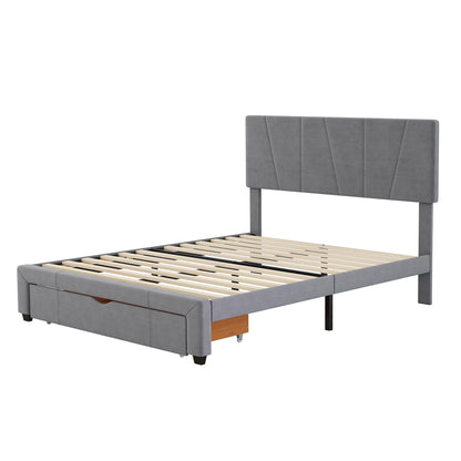 Full Size Upholstery Platform Bed with One Drawer,Adjustable Headboard, Grey