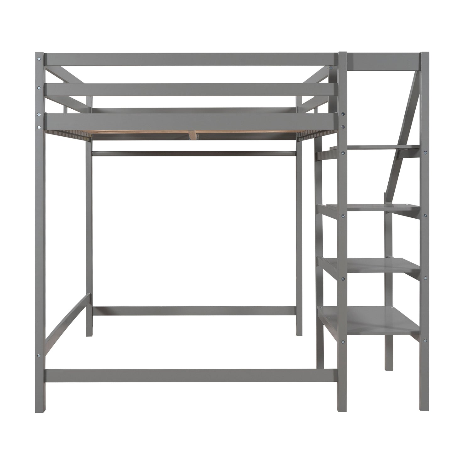 Full Size Loft Bed with Built-in Storage Staircase and Hanger for Clothes,Gray