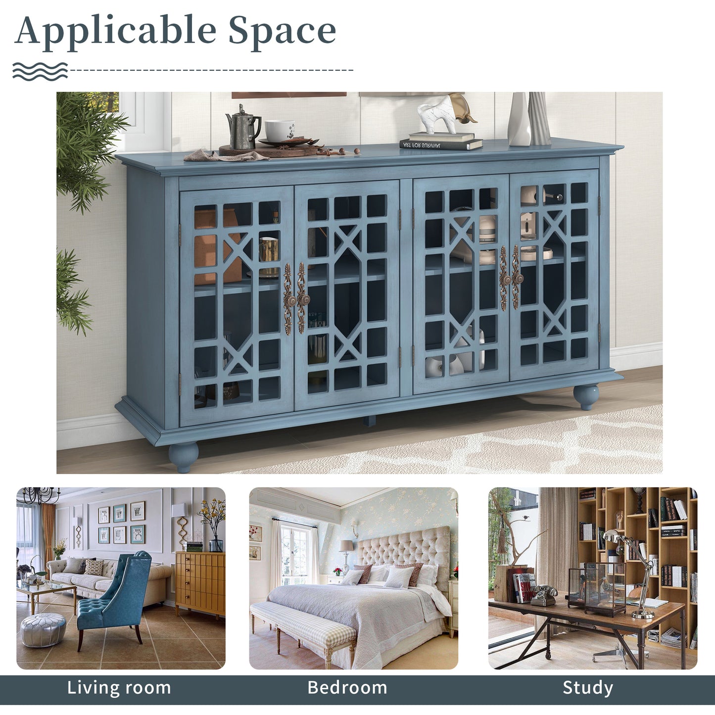 TREXM Sideboard with Adjustable Height Shelves, Metal Handles, and 4 Doors for Living Room, Bedroom, and Hallway (Teal Blue)