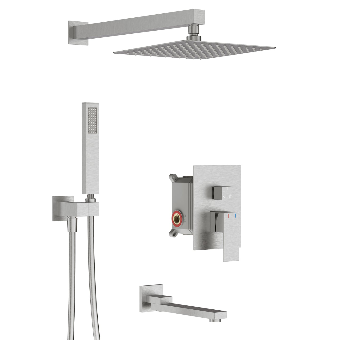 Shower System, Ultra-thin Wall Mounted Shower Faucet Set for Bathroom, Stainless Steel Rain Shower head Handheld Shower Set, 12 inch square large panel, Brushed Nickel