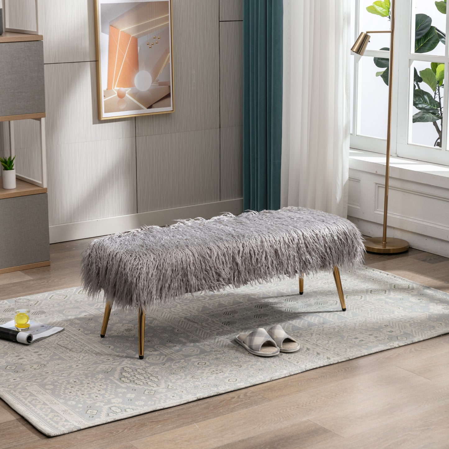 HengMing Faux Fur Plush Ottoman Bench, Modern Fluffy Upholstered Bench for Entryway Dining Room Living Room Bedroom, GRAY