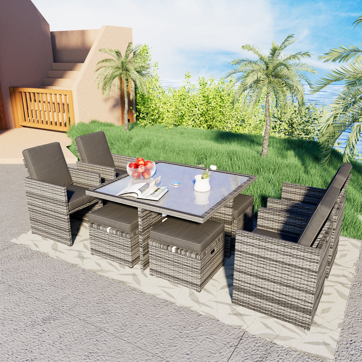 9 all-weather PE rattan terrace outdoor dining dialogue combination, equipped with coffee table, chair, foot mat storage, detachable cushion (grey rattan, dark grey cushion)