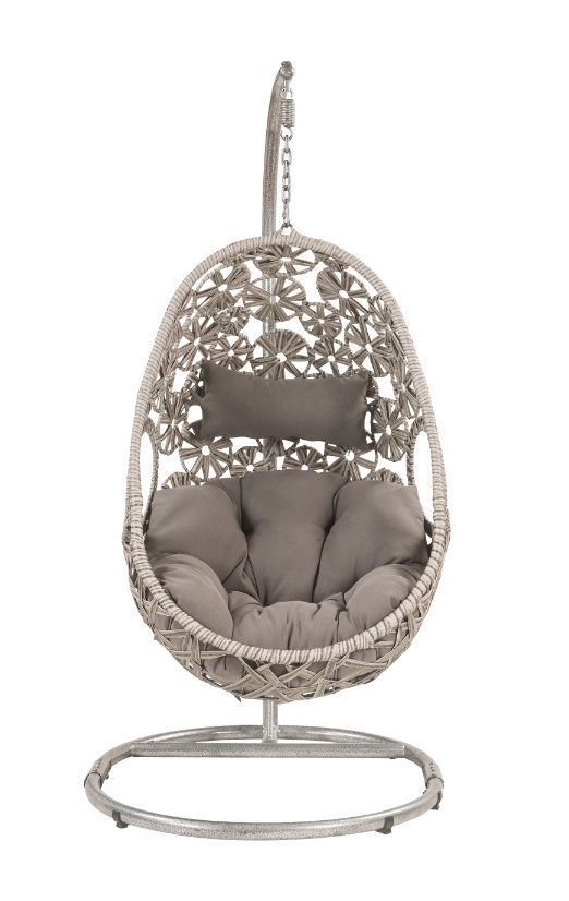 ACME Sigar Patio Hanging Chair with Stand, Light Gray Fabric & Wicker 45107