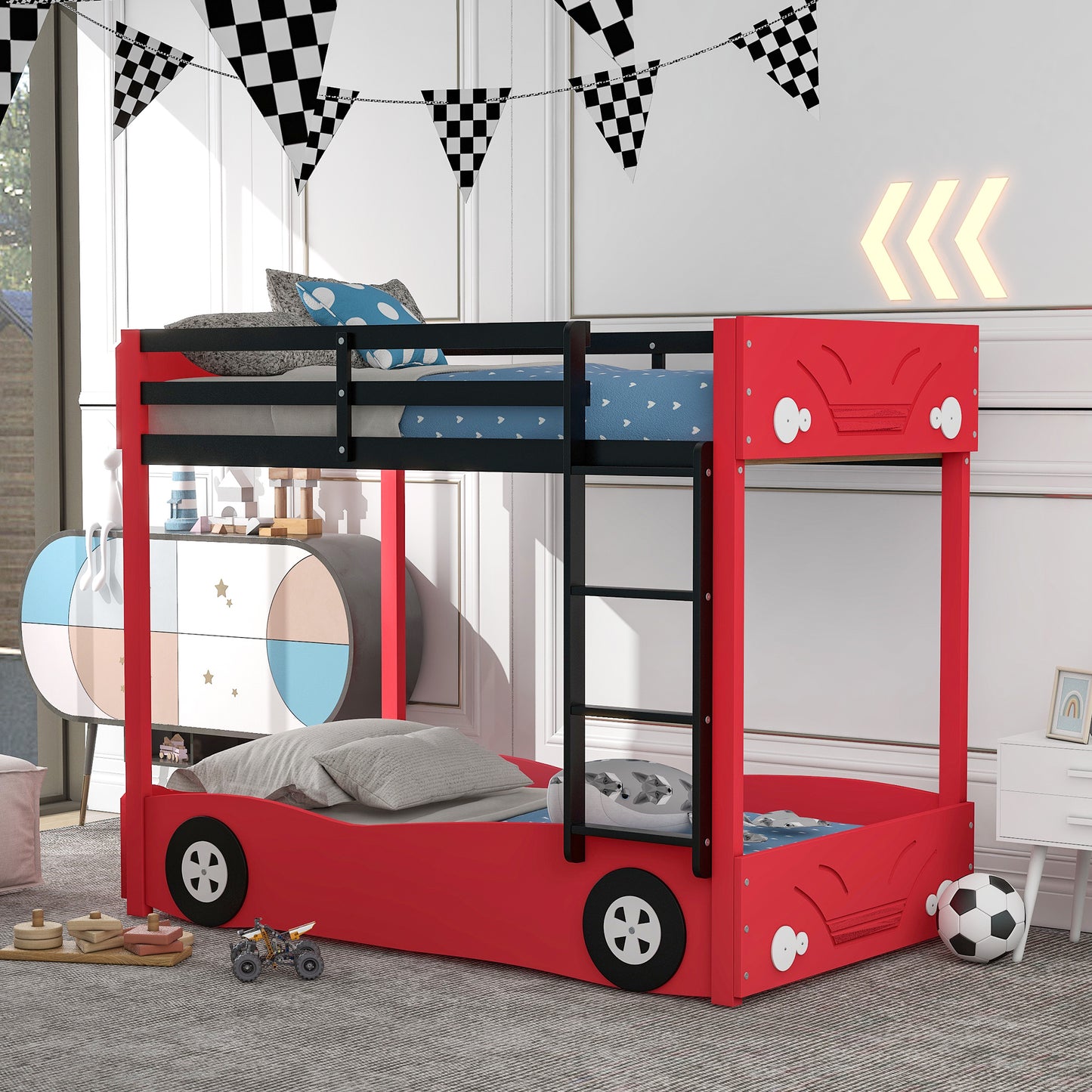 Twin Size Car-Shaped Bunk Bed with Wheels, Red