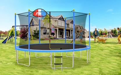 15FT Trampoline for Kids with Safety Enclosure Net, Basketball Hoop and Ladder, Easy Assembly Round Outdoor Recreational Trampoline