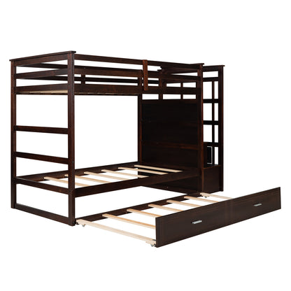 Solid Wood Bunk Bed , Hardwood Twin Over Twin Bunk Bed with Trundle and Staircase, Natural Espresso Finish (OLD SKU: LP000068AAP)