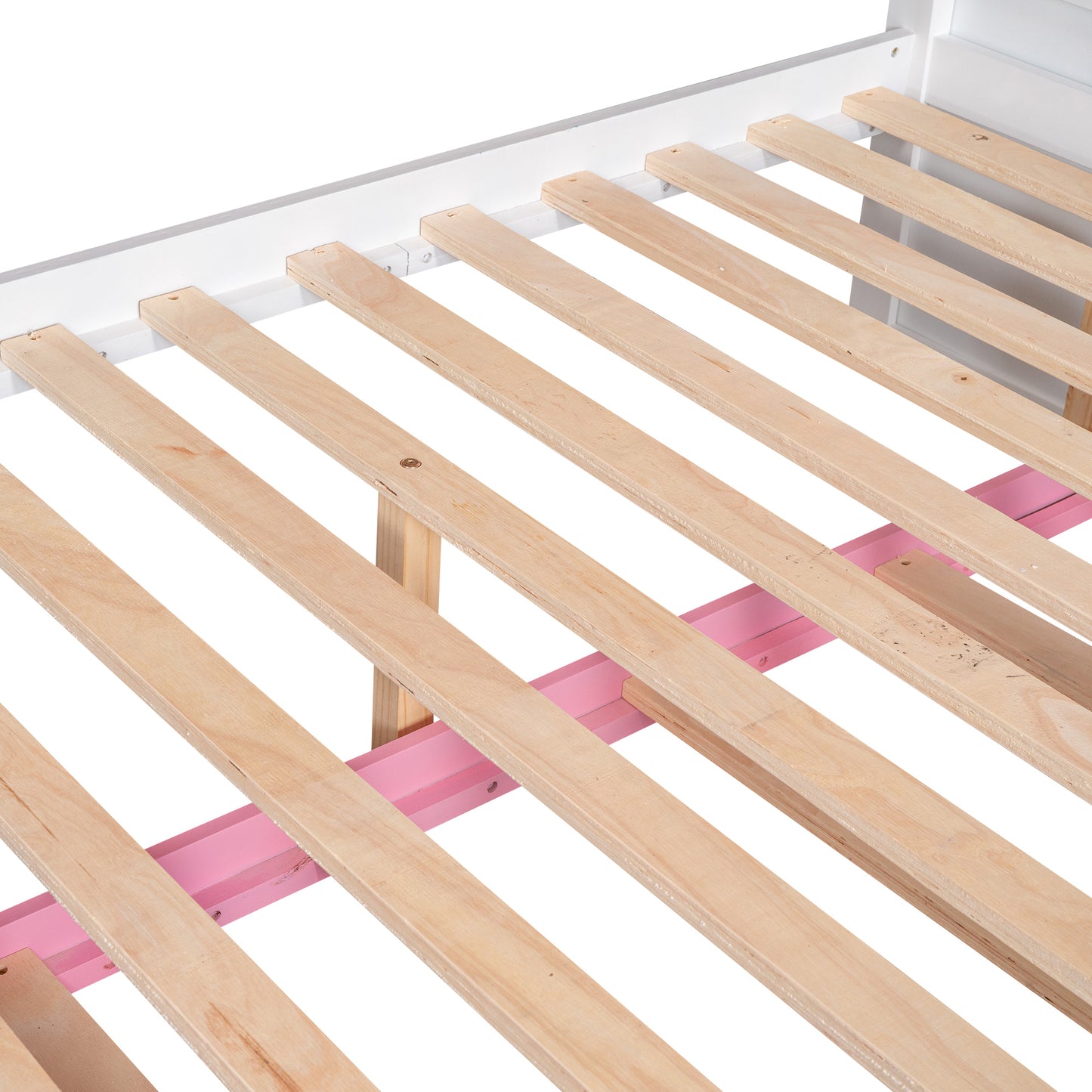 Full Over Full Bunk Bed with Trundle ,Stairs,Ladders Solid Wood Bunk bed with Storage Cabinet （White + Pink）