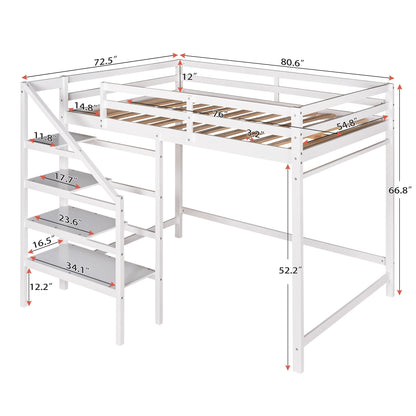 Full Size Loft Bed with Built-in Storage Staircase and Hanger for Clothes,White