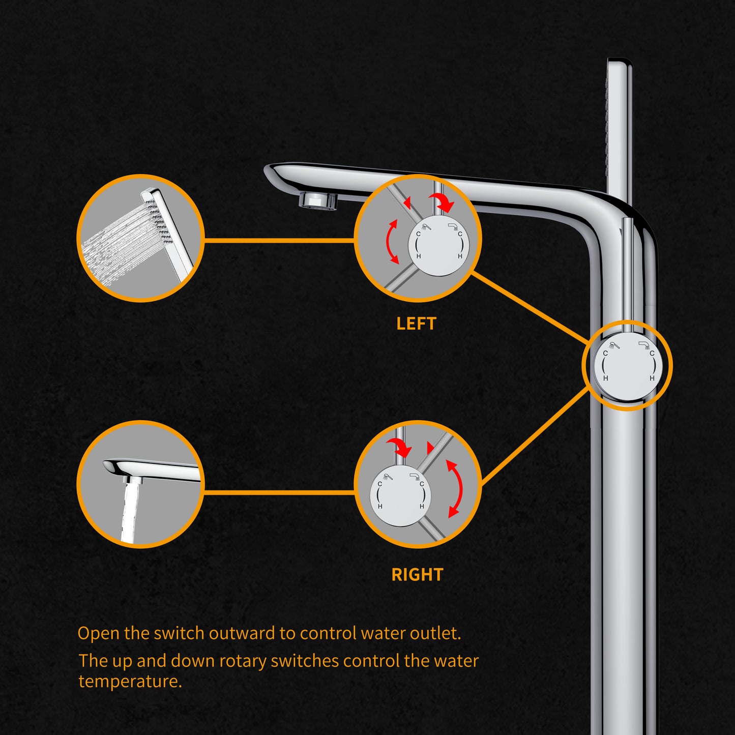 2 Spouts With Hand Shower Double Handle Floor Mounted Clawfoot Freestanding Faucet, Tub Faucet,Chrome