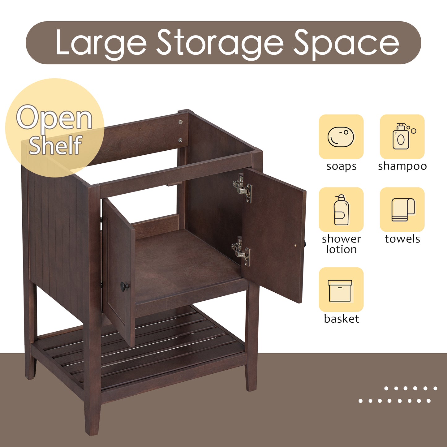 24" Bathroom Vanity Base Only, Soild Wood Frame, Bathroom Storage Cabinet with Doors and Open Shelf, Brown