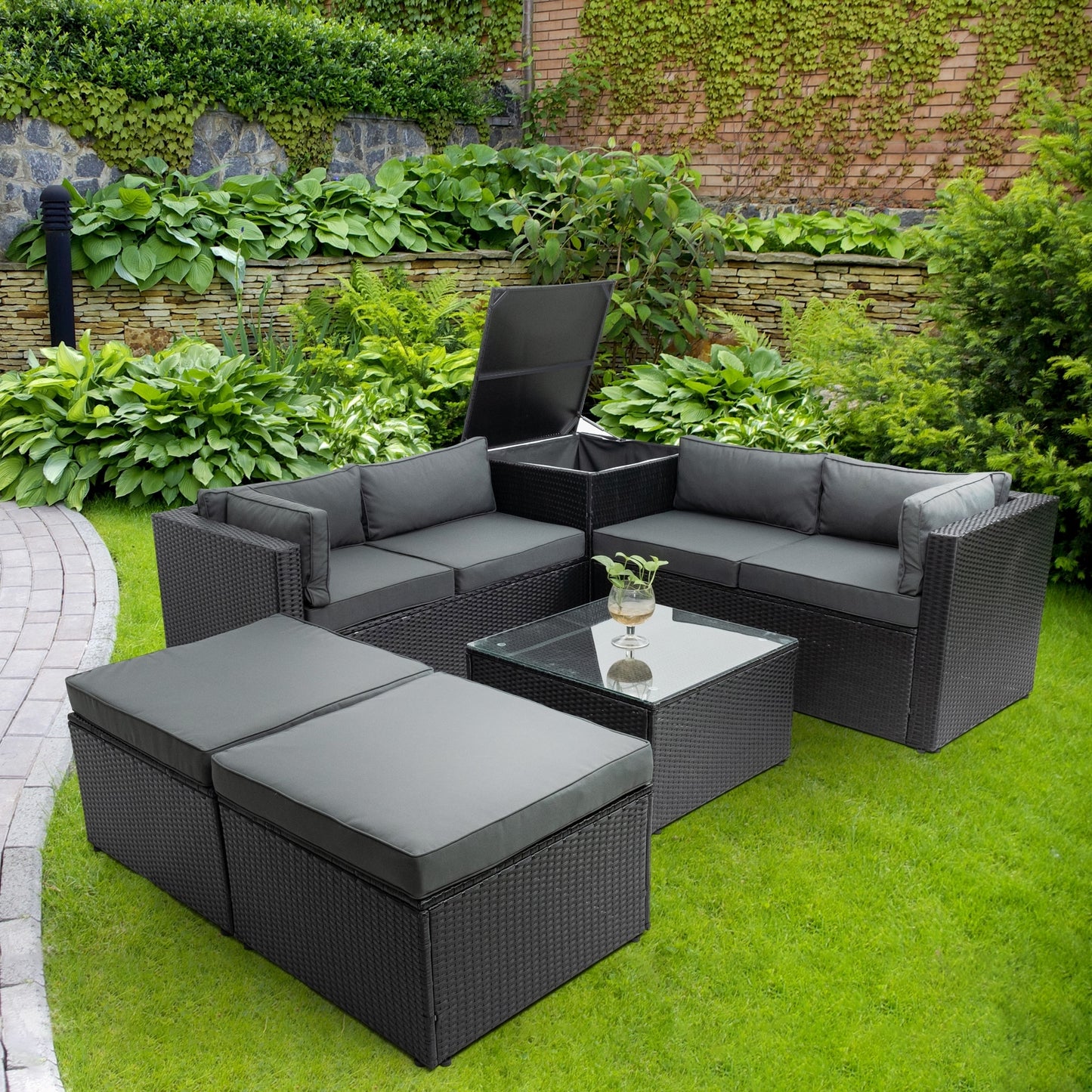 6 Piece Patio Rattan Wicker Outdoor Furniture Conversation Sofa Set with Storage Box Removeable Cushions and Temper glass TableTop