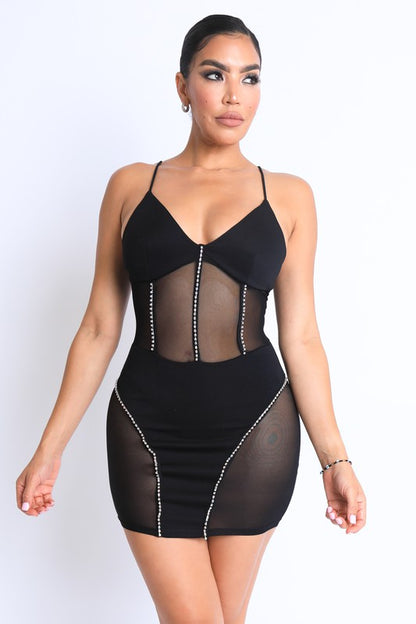 Rhinestone Detailed Mesh Spaghetti Strap Mini