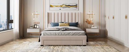 Queen Size Storage Bed Velvet Upholstered Platform Bed with a Big Drawer - Beige