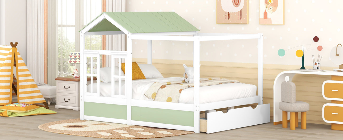 Full Size House Bed with Roof, Window and Drawer - Green + White